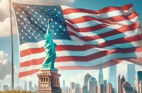 The Statue of Liberty in front of the American Flag, New York, New York